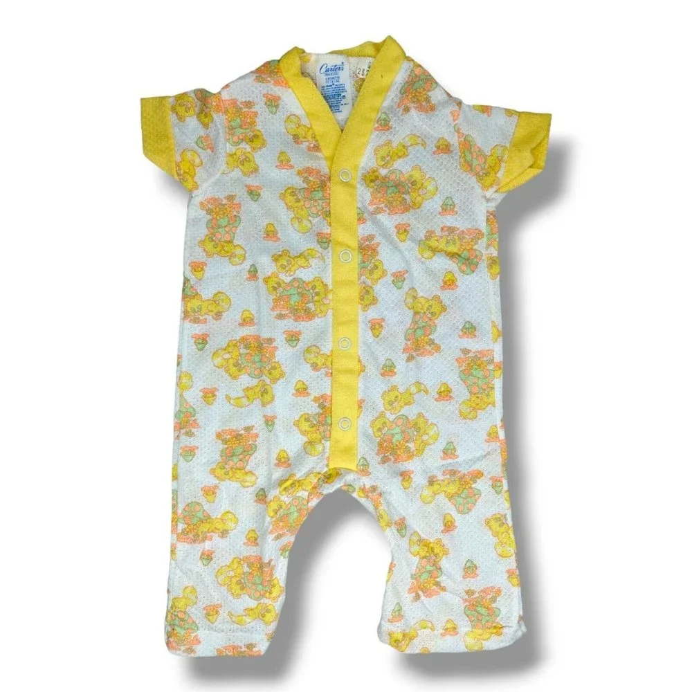 Vintage Carter's Baby Romper 6 Mo 18 Lbs Yellow Orange Mushrooms Raccoons